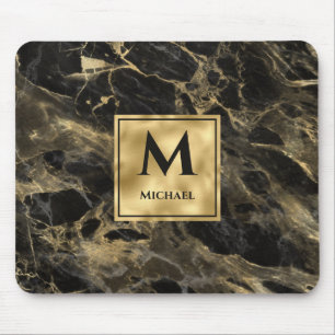 Alfombrilla De Ratón Mármol negro y dorado Monograma Elegante Lujo