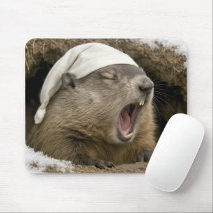 Alfombrilla De Ratón Marmota bostezando con gorro de dormir
