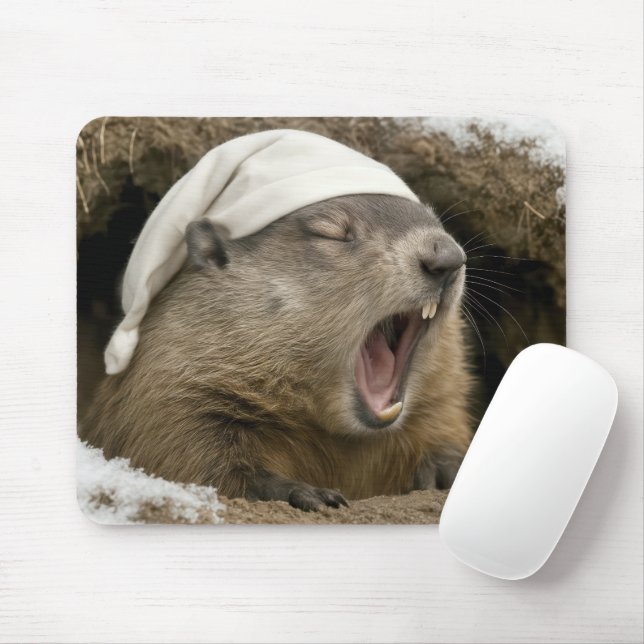 Alfombrilla De Ratón Marmota bostezando con gorro de dormir (Con ratón)