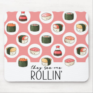 Alfombrilla De Ratón Me Ven Rollin' Kawaii Divertido Sushi Rolls & Dots
