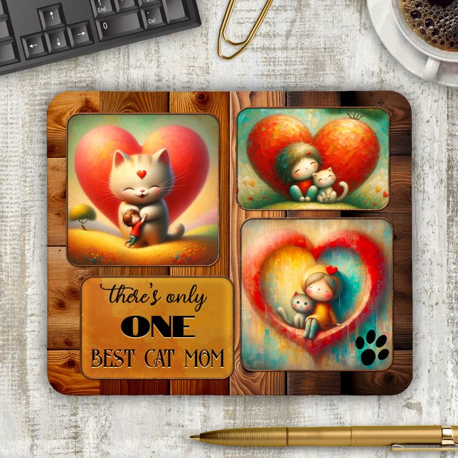 Alfombrilla De Ratón Mejor arte o foto de mamá de gato (Cat mom mouse pad featuring 3 colorful cat art works or your photos on an elegant wood design)