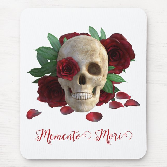 Alfombrilla De Ratón Memento Mori. Cráneo con rosas rojas (Frente)
