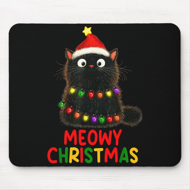 Alfombrilla De Ratón Meowy Christmas Tree Lights Black Cat Xmas Pajamas (Frente)