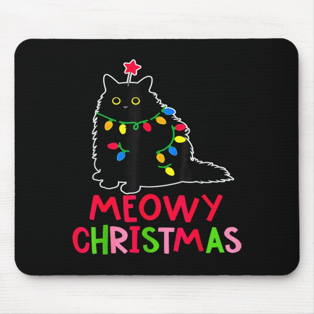 Alfombrilla De Ratón Meowy Christmas Xmas Lights Black Cat Pajamas Fami (Frente)