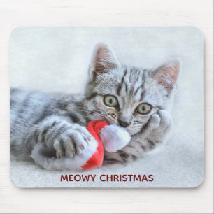 Alfombrilla De Ratón Meowy Navidades cuelgan grisáceo gato