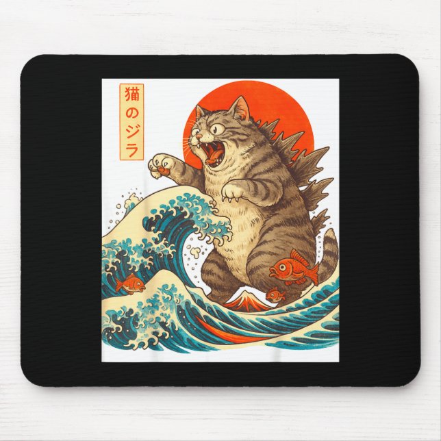 Alfombrilla De Ratón Meowzilla Catzilla Cat Japanese Art Funny For Men  (Frente)