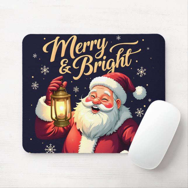 Alfombrilla De Ratón Merry Bright Santa Holding Lantern Illustration (Con ratón)