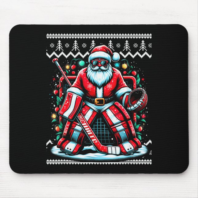 Alfombrilla De Ratón Merry Christmas Santa Hockey Goalie Ugly Christmas (Frente)