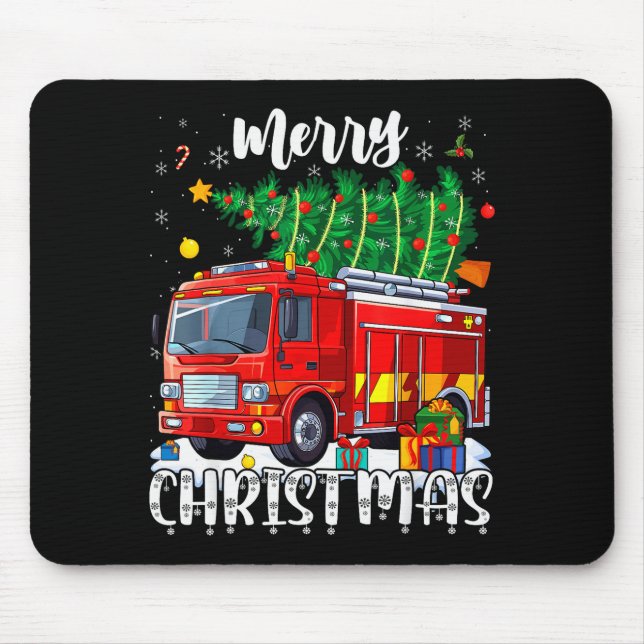 Alfombrilla De Ratón Merry Christmas Tree Firetruck Pajama Firefighter  (Frente)