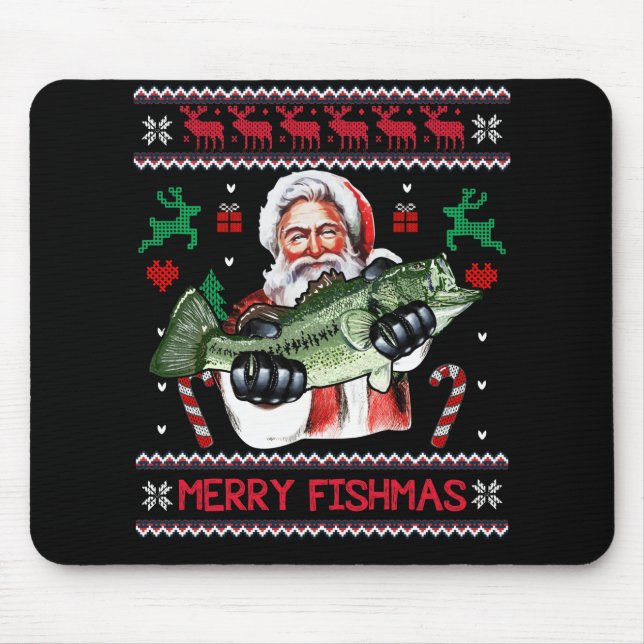 Alfombrilla De Ratón Merry Fishmas Santa Fishing Navidades feos suéter (Frente)