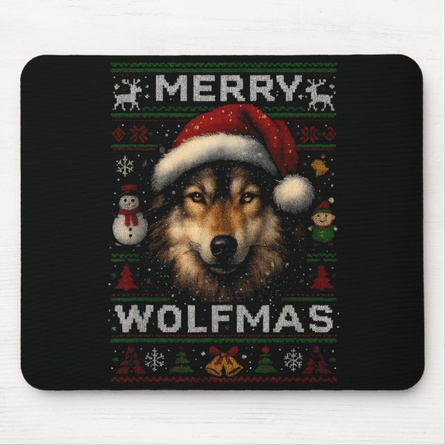 Alfombrilla De Ratón Merry Wolfmas Merry Christmas Wolf Ugly Sweater Fu (Frente)