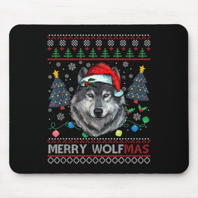 Alfombrilla De Ratón Merry Wolfmas Merry Christmas Wolf Ugly Sweater Fu (Frente)