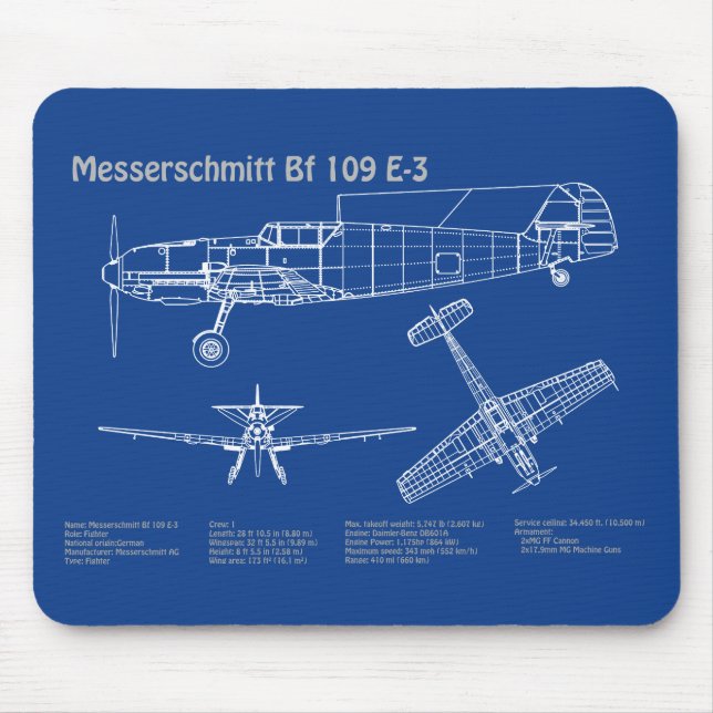 Alfombrilla De Ratón Messerschmitt Bf 109 - Plano aéreo AD (Frente)