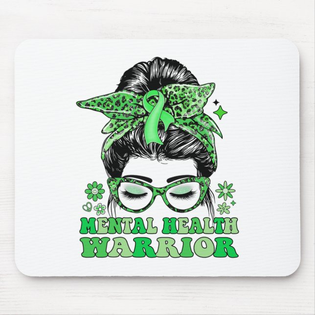 Alfombrilla De Ratón Messy Bun Leopard Green Ribbon Mental Health Warri (Frente)