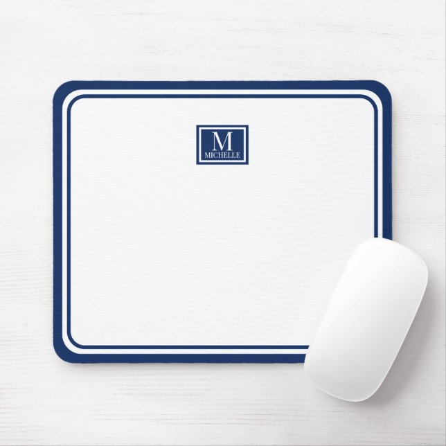 Alfombrilla De Ratón Minimalist Chic Navy Blue Monogram Double Boarder (Con ratón)