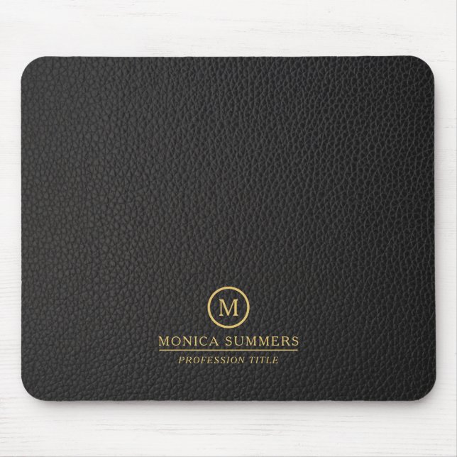 Alfombrilla De Ratón Minimalistic Black Leather Text Custom Monogram (Frente)