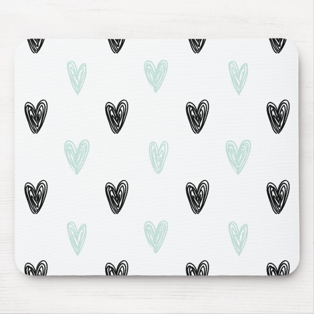 Alfombrilla De Ratón Mint & Black Hearts Doodles Pattern Mousepad (Frente)