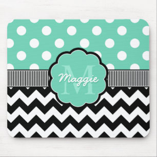 Alfombrilla De Ratón Mint Polka Dots Black Chevron Monograma