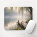 Alfombrilla De Ratón Misty Lake Dock with Willow Tree<br><div class="desc">A peaceful wooden dock stretches over a still lake,  embraced by vibrant greenery and the gentle presence of a weeping willow tree</div>