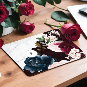 Alfombrilla De Ratón Moda Borgoña y marble acuarela Floral Monograma
