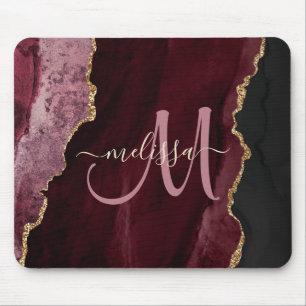 Alfombrilla De Ratón Moda Burgundy Gold Agate Script Personalizado Mono
