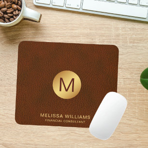 Alfombrilla De Ratón Moda Classy Faux Brown Leather & Gold Initials