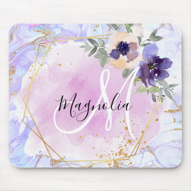 Alfombrilla De Ratón Moda Floral Azul rosa Oro Mármol Arcoiris Monogram (Frente)