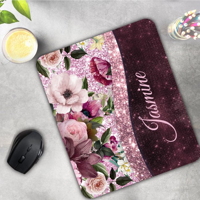 Alfombrilla De Ratón Moda floral Borgoña rosa purpurina monograma (Subido por el creador)