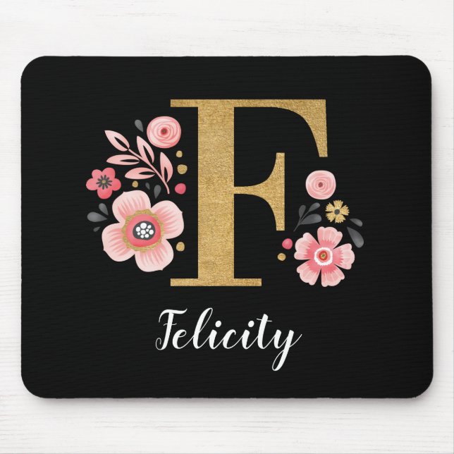 Alfombrilla De Ratón Moda Floral Monograma Letra inicial de oro rosa F (Frente)