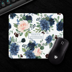 Alfombrilla De Ratón Moda florece   Monograma floral azul marino y Rubo