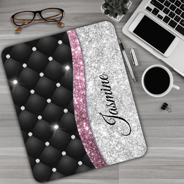 Alfombrilla De Ratón Moda giratoria purpurina plateado monograma rosa n (Subido por el creador)