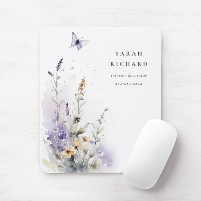Alfombrilla De Ratón Moda Lilac Morado Flor silvestre Mariposa acuarela (Con ratón)