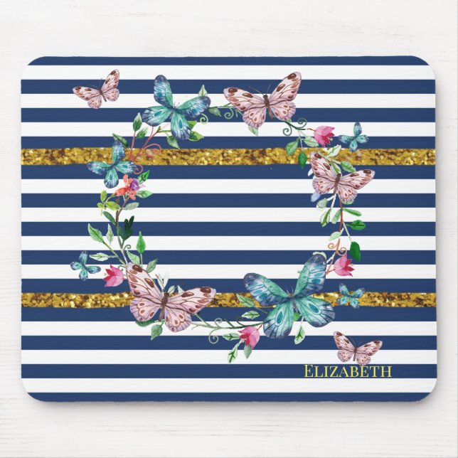 Alfombrilla De Ratón Moda moderna Girly Mariposas Stripes (Frente)