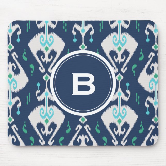 Alfombrilla De Ratón Moda moderna verde azulada marina azul ikat patrón (Frente)