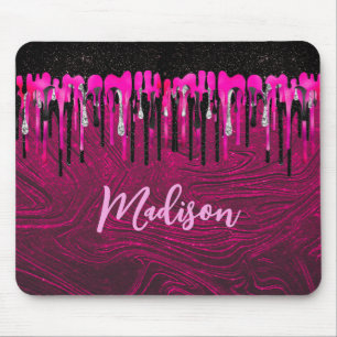 Alfombrilla De Ratón Moda purpurina negro rosado caliente goteo monogra