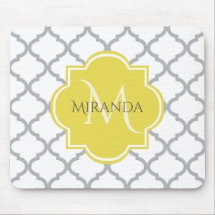 Alfombrilla De Ratón Moda Quatrefoil gris blanco Monogramo amarillo Nom