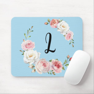 Alfombrilla De Ratón Moda Roses Blancas Rosa Guión Inicial Bebé Azul