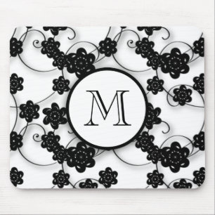 Alfombrilla De Ratón Modelo de flores negro lindo de la MOD, su inicial