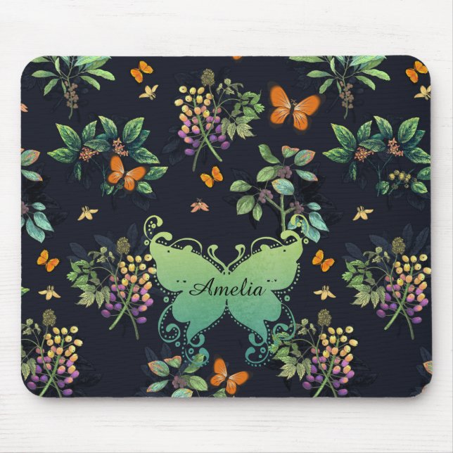 Alfombrilla De Ratón Modelo de mariposa floral oscuro personalizado (Frente)