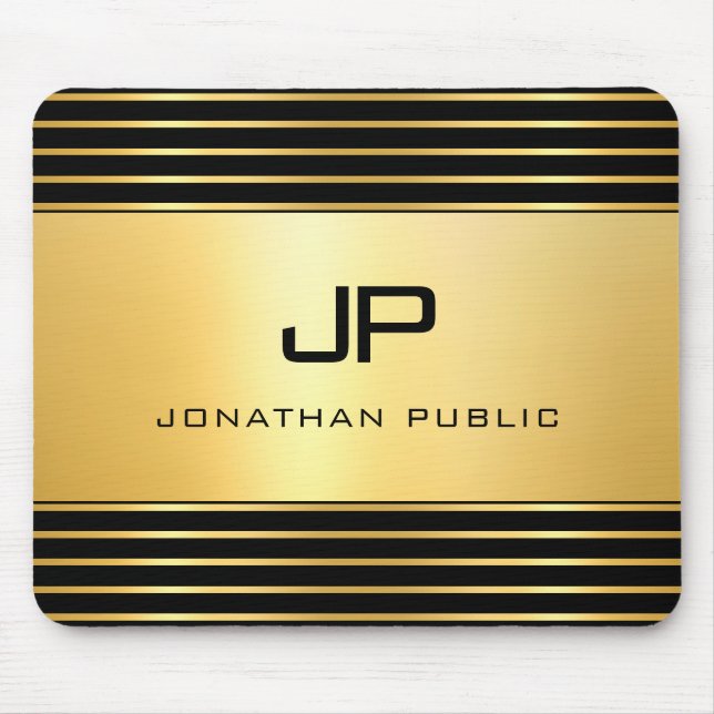 Alfombrilla De Ratón Modelo De Monograma Elegante De Estilo Negro Y Oro (Frente)