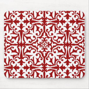 Alfombrilla De Ratón Modelo del damasco de Ikat - rojo oscuro y blanco