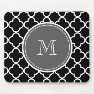 Alfombrilla De Ratón Modelo negro de Quatrefoil, monograma gris