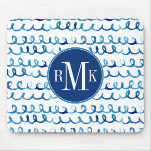 Alfombrilla De Ratón Modelo ondulado de la acuarela azul pintada a mano