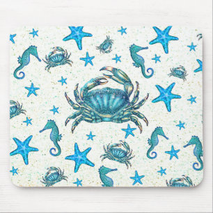Alfombrilla De Ratón Modern Beach Blue Crab Starfish Seahorse Sparkle