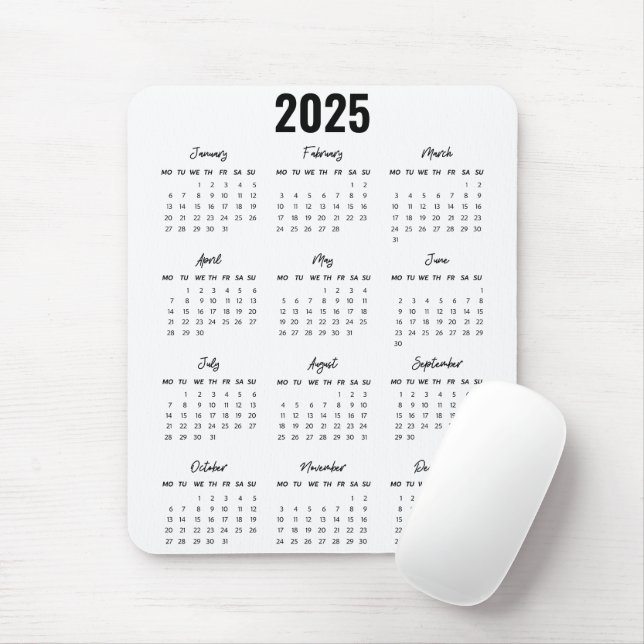 Alfombrilla De Ratón Modern Black White 2025 Calendar Full Year View (Con ratón)