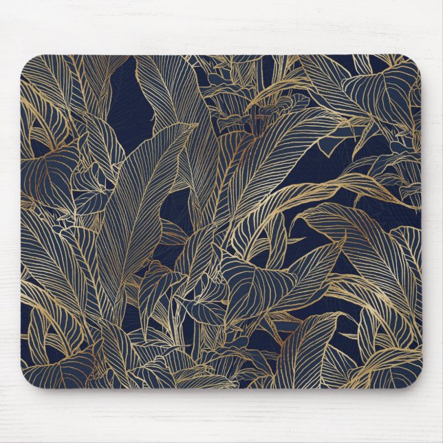 Alfombrilla De Ratón Modern Blue Gold Foliage Plant Botanical Design (Frente)