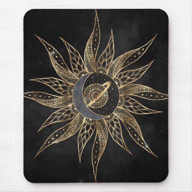Alfombrilla De Ratón Modern Gold Sun Moon Planet Universe Mandala (Frente)