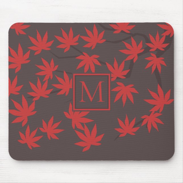 Alfombrilla De Ratón Modern Monogram Red Maple Leaf Grey (Frente)
