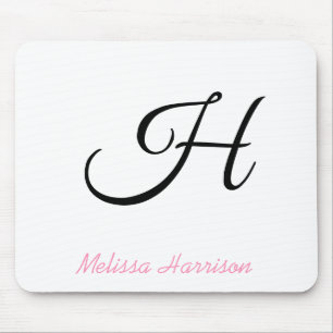 Alfombrilla De Ratón Modern Pink Script Black Initial Monogram Name