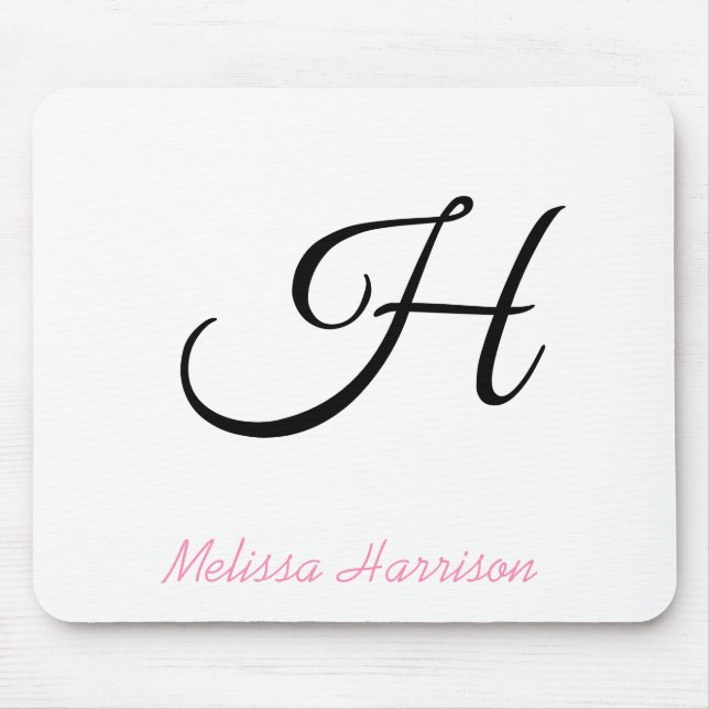 Alfombrilla De Ratón Modern Pink Script Black Initial Monogram Name (Frente)